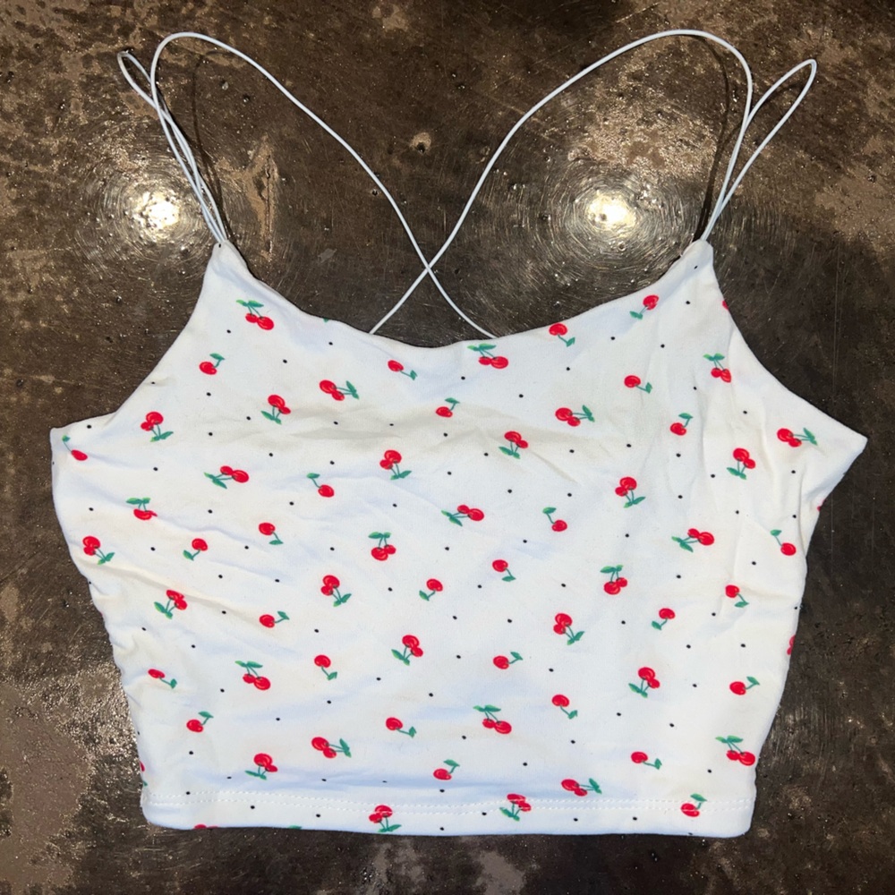 White Cherry Print Crop Top